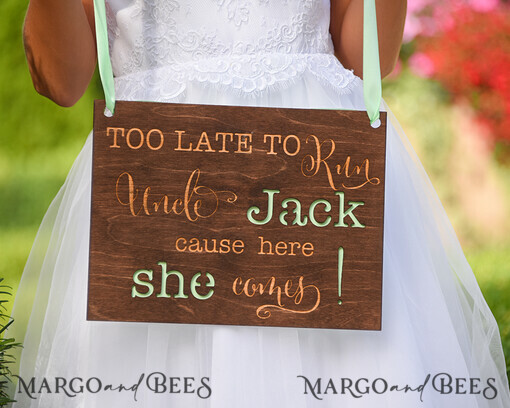 FLOWER GIRL / Page Boy SIGNS rustic too late to run uncle cause here she comes Personalised wood wedding sign, Wooden Page boy sign, Wood Engraved flower girl sign, flower girl wedding day sign, rustic wedding decor for flower girl, daddy here comes mummy, here comes the bride