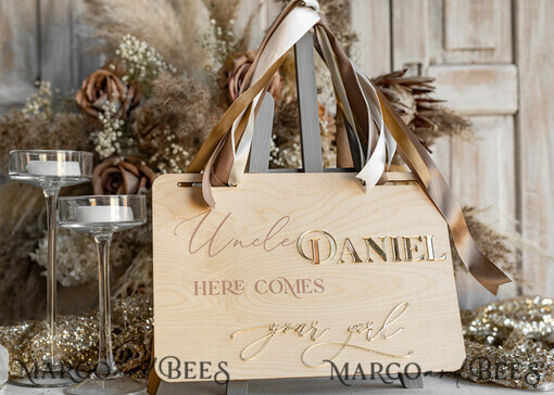 FLOWER GIRL / Page Boy SIGNS rustic Personalised rustic and gold wood wedding sign, Wooden Page boy sign, Wood boho flower girl sign, flower girl wedding day sign, rustic wedding decor for flower girl, here comes the bride