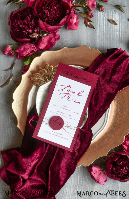 MENU & PROGRAMS romantic Romantic Red And White Wedding Menu, Elegant Handmade Minimalistic Wedding Menu Cards With Monogram Tag and Twine, Luxury Burgundy Wedding Dinner Menu Cards