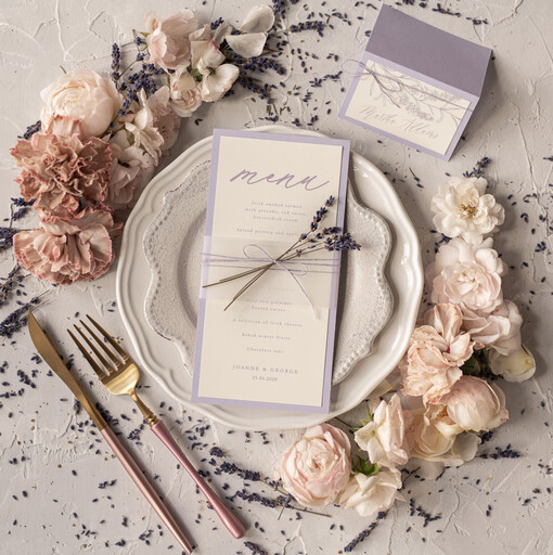 MENU & PROGRAMS romantic Delicate Handmade Lilac Wedding Menu, Elegant Wedding Menus With Lavender, Minimalistic Purple Wedding Menu Cards With Vellum, Modern Dinner Card for Wedding