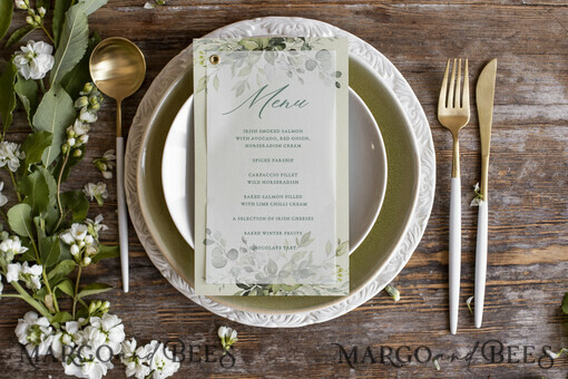 MENU & PROGRAMS romantisch Olivenzweig Grün Tisch Hochzeitsmenü, Rustikales italienisches Menü mit Vellum, einfaches verspieltes Menü, Toskana Aquarell Olivenzweig Menü, mediterrane Menükarten