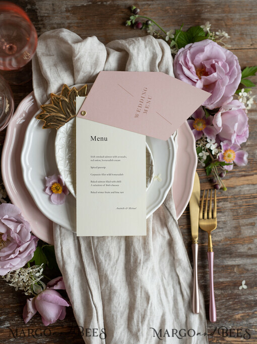 MENU & PROGRAMS romantic Geometric Minimalist Wedding Menu, Custom Blush and Ivory Double Menu Cards, Modern Handmade Geometric Wedding Menu, Simple Pink and Ecru Wedding Menu Cards