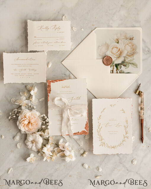 WEDDING INVITATIONS modern calligraphy / fine art Fine Art Ivory Gold Wedding Invitation, Floral Wedding Invitation, Vintage Invitation suite, Custom Wedding Venue invitation, Deckled Edge Beige Invites