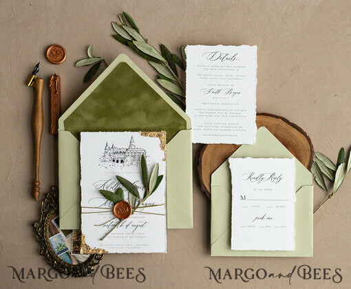 WEDDING INVITATIONS modern calligraphy / fine art Fine Art Ivory sage green Wedding Invitation, Venue Sketch Wedding Invitations, Vintage Golden Invites suite, Custom Wedding Venue invitation, Deckled Edge italy Invites with rsvp
