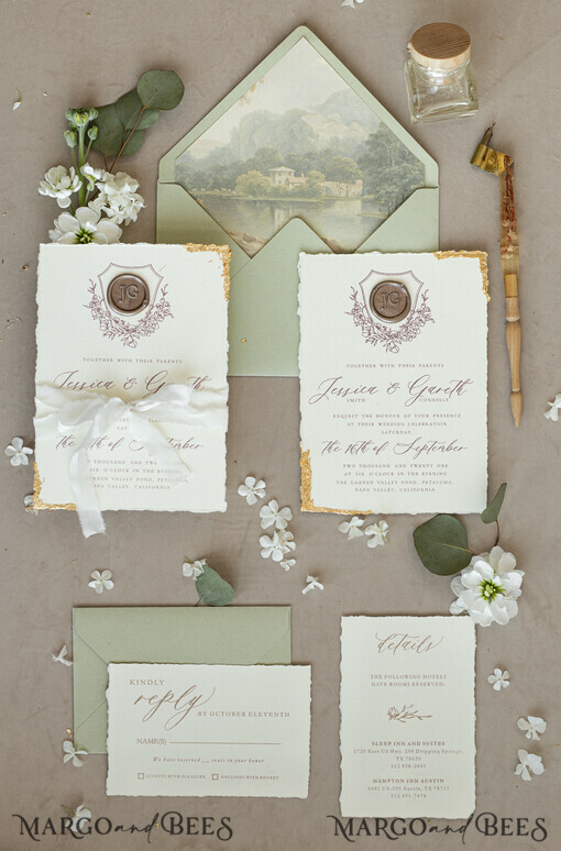 WEDDING INVITATIONS modern calligraphy / fine art Fine Art Gold & sage green Wedding Invitation, Velvet Golden Edges Wedding Invitations, Vintage Gold Invites suite, Torn Edges Wedding invitation with rsvp