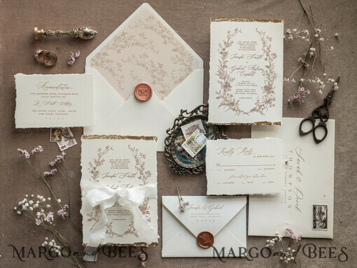 WEDDING INVITATIONS modern calligraphy / fine art Beige Gold Wedding Invitation, Floral Wedding Invitation, Fine Art Vintage Floral Invitation suite, Wreath  wedding invitation suite, Deckled Edge Invites