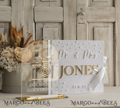 WEDDING GUEST BOOKS Instax Sofortbildbuch Perlen Weißgold Acryl Hochzeitsgäste Buch Personalisiert und Unterzeichnung Set, Samt Perlen Sofortfoto Buch Boho Elegantes Instax Hochzeitsfoto Gästebuch