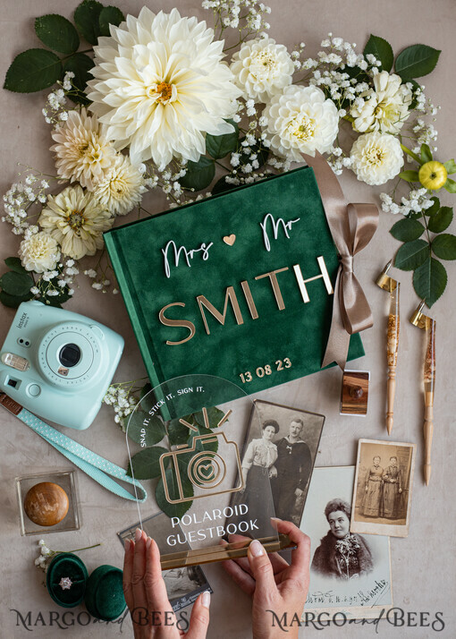 WEDDING GUEST BOOKS Instax Instant Photo Book Emerald Green Gold Acrylic Wedding Guest Book Personalised and sign set, Velvet Garden Greenery Instant Photo Book Boho Elegant Instax Wedding Photo Guestbook