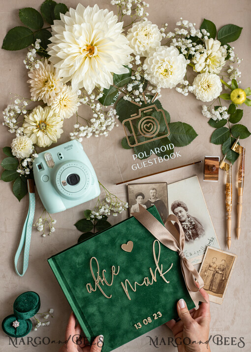 WEDDING GUEST BOOKS Instax Instant Photo Book Emerald Green Gold Acrylic Wedding Guest Book Personalised and sign set, Velvet Garden Greenery Instant Photo Book Boho Elegant Instax Wedding Photo Guestbook