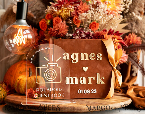 WEDDING GUEST BOOKS Instax Instant Photo Book Fall Terracotta Gold Acrylic Wedding Guest Book Personalised and sign set, Velvet Rust Instant Photo Book Boho Elegant Instax Wedding Photo Guestbook