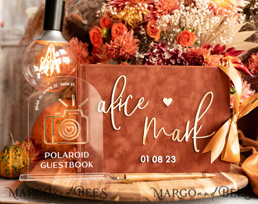 WEDDING GUEST BOOKS Instax Instant Photo Book Fall Terracotta Gold Acrylic Wedding Guest Book Personalised and sign set, Velvet Rust Instant Photo Book Boho Elegant Instax Wedding Photo Guestbook