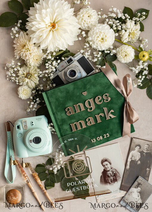WEDDING GUEST BOOKS Instax Instant Photo Book Emerald Green Gold Acrylic Wedding Guest Book Personalised and sign set, Velvet Garden Greenery Instant Photo Book Boho Elegant Instax Wedding Photo Guestbook