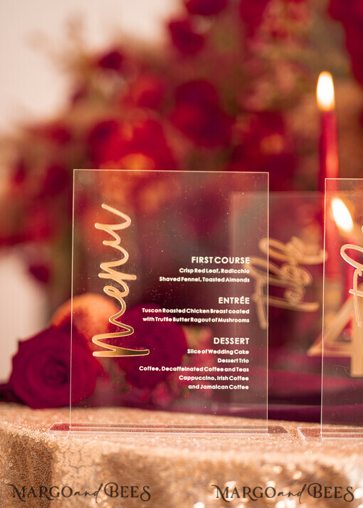 TABLE DECOR SIGNS Acrylic table decor Numbers Transparent Acrylic Modern Table Menu, Clear Acrylic And Gold Sign, Gold Plexi Dinner Menu, Luxury Wedding Table Decor, Wedding Signage Golden Mirror Menu Sign