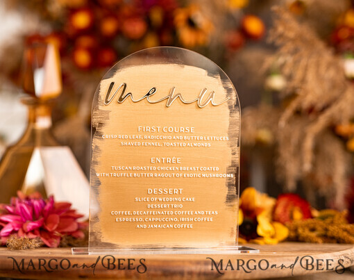 TABLE DECOR SIGNS Acrylic table decor Numbers Acrylic Arch Table Menu, Clear Acrylic and Gold Sign, Gold Plexi Table Numbers, Luxury Wedding Table Decor, Golden Mirror Wedding Menu Sign, White Editable Text