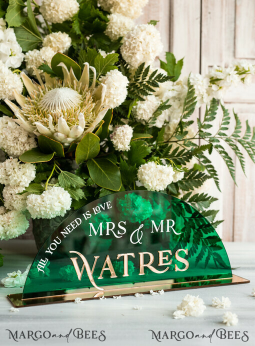 TABLE DECOR SIGNS Acrylic table decor Numbers Acrylic Arch Emerald Green Top Table Sign, Green Acrylic And Gold Top Table Sign, Gold Plexi Top Table Sign, Luxury Wedding Table Decor
