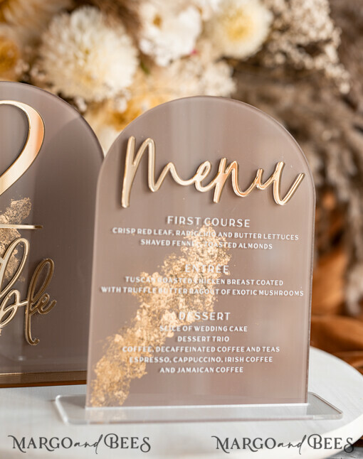 TABLE DECOR SIGNS Acrylic table decor Numbers Acrylic Arch Cappuccino Table Menu, Clear Acrylic And Gold Sign, Nude Gold Plexi Table Numbers, Tan Luxury Wedding Table Decor, Earthy Wedding Signage Golden Mirror Table Numbers