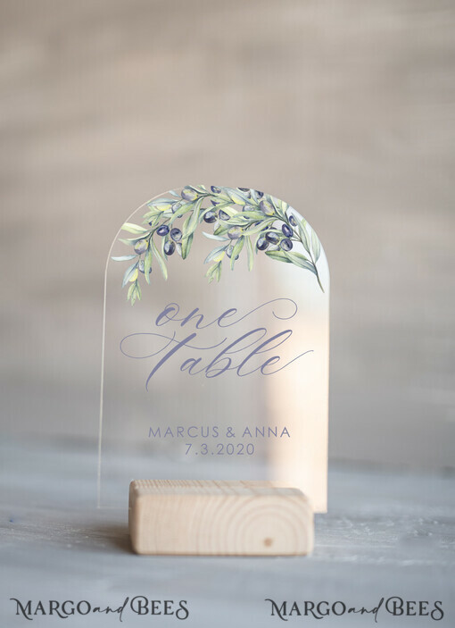 TABLE DECOR SIGNS Acrylic table decor Numbers Arch Olive Acrylic Table Numbers, Tuscany Olives Wedding table Numbers, Transparent Wedding table Numbers with Stand perfect for Tuscany Wedding , Editable Text