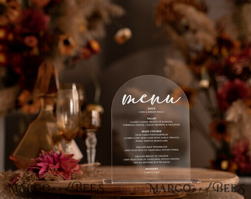 TABLE DECOR SIGNS Acryl Tischdekoration Zahlen Elegantes Acryl-Bogen-Tischmenü mit Ständer, einfaches klares Acryl-Schild, transparente Plexi-Tischmenüs, luxuriöse Hochzeits-Tischdekoration, Hochzeitsbeschilderung Abendmenü