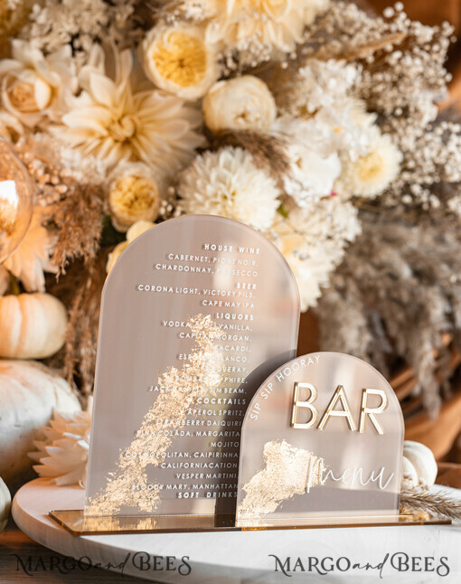 TABLE DECOR SIGNS Acrylic table decor Numbers Acrylic Arch Cappuccino Bar Menu, Clear Acrylic And Gold Bar Menu, Nude Taupe Gold Plexi Drink Bar Menu, Tan Luxury Wedding Drink Bar Table Decor, Earthy Wedding Signage Golden Mirror Bar Menu