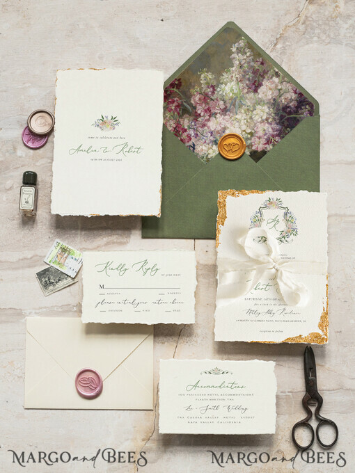 SAMPLING SERVICE Muster
 Feine Kunst Grüne Hochzeits Einladung Muster, handgefertigtes Muster Set, Elfenbein Deckled Edge Hochzeits Einladung, Florales Emblem Einladungen Muster Set