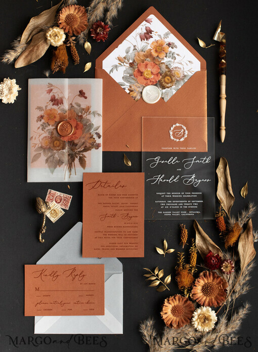 SAMPLING SERVICE samples Terracotta Fall wedding Invitation Sample, handmade sample set, Copper wedding invitation samples, clear acryl invites sample set