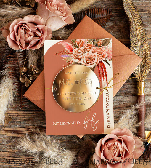 SAVE THE DATES acrylic gold magnets Personalised Golden Save the Date Acrylic Magnet and Card, Gold Terracotta Boho Wedding Save The Dates Plexi Magnets,  Save The Date Cards