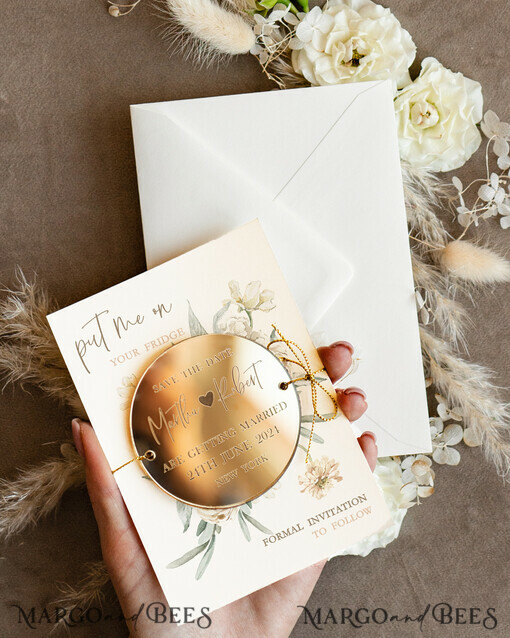 SAVE THE DATES acrylic gold magnets Personalised Gold Acrylic circle Save the Date Magnet and Card, ivory Wedding Save The Dates Plexi Magnets, Wedding Boho Save The Date Cards