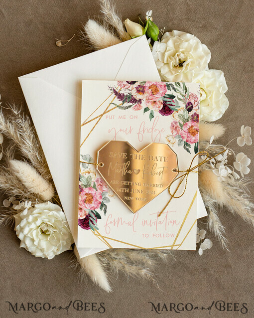SAVE THE DATES acrylic gold magnets Personalised Gold Acrylic heart Save the Date Magnet and Card, ivory Wedding Save The Dates Plexi Magnets, Wedding Boho Save The Date Cards