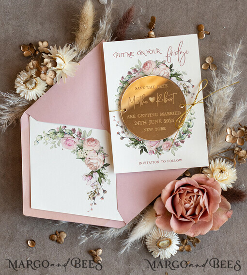 SAVE THE DATES acrylic gold magnets Personalised Gold Acrylic  Save the Date Magnet and Card, Gold Blush Pink Wedding Save The Dates Plexi Magnets, Wedding Boho Save The Date Cards