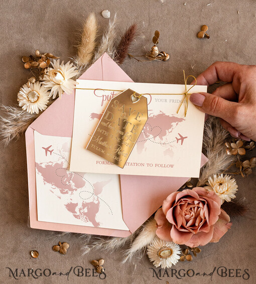 SAVE THE DATES acrylic gold magnets Personalised Travel Save the Date Acrylic Tag Magnet and Card, Gold Blush Pink Luggage Tag Wedding Save The Dates Acrylic Magnets,  Save The Date Cards