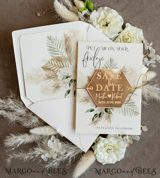 SAVE THE DATES acrylic gold magnets Personalised Gold Acrylic hexagon Save the Date Magnet and Card, ivory Wedding Save The Dates Plexi Magnets, Wedding Boho Save The Date Cards