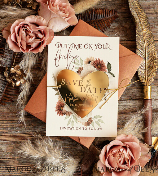 SAVE THE DATES acrylic gold magnets Personalised Save the Date Heart Acrylic Magnet and Card, Gold Terracotta Elegant Wedding Save The Dates Acrylic Heart, boho Save The Date Cards