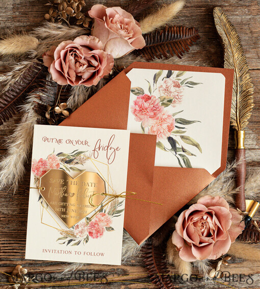 SAVE THE DATES acrylic gold magnets Personalised Heart  Save the Date Acrylic Tag Magnet and Card, Gold Terracotta Geometric Heart Wedding Save The Dates Acrylic Magnets, Boho  Save The Date Cards
