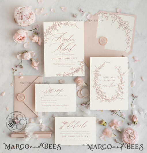 TEMPLETT wedding invitation download Boho Blush Pink wedding Invitations Set Template, Instant Download Printable Invites Home Printing, Simple  Wedding Invitation Card, WBoho16