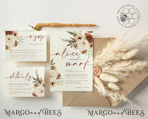TEMPLETT wedding invitation download Boho Ivory wedding Invitations Set Template, Instant Download Printable Invites Home Printing, Simple Boho Wedding Invitation Card Set