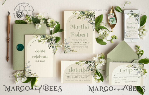 TEMPLETT wedding invitation download Boho Arch wedding Invitations Evite Set Template, Instant Download Printable Invites Home Printing, Sage Green Garden Invitation Set WBoho15