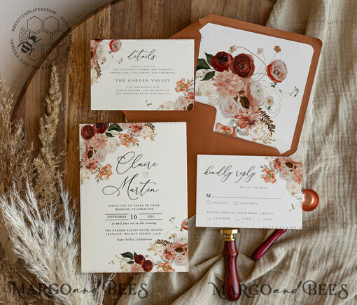 TEMPLETT wedding invitation download Boho fall wedding Invitations Set Template, Instant Download Printable Invites Home Printing, Terracotta Maroon Wedding Invitation Card Set