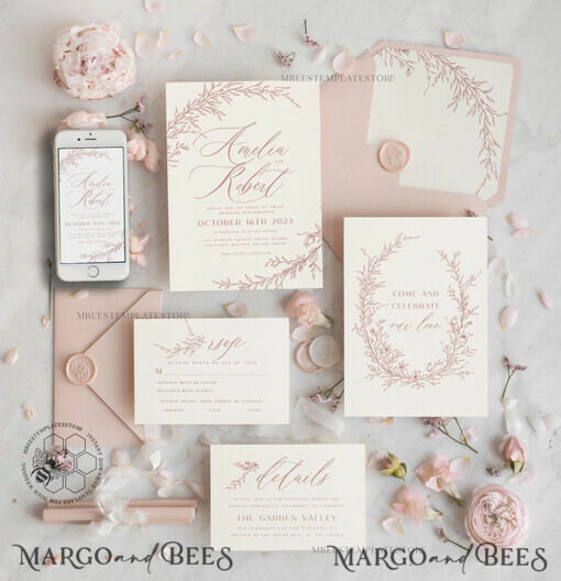 TEMPLETT wedding invitation download Fine Art Blush wedding Invitations Evite Set Template, Instant Download Printable Invites Home Printing, Boho Chick Invitation Set WBoho16