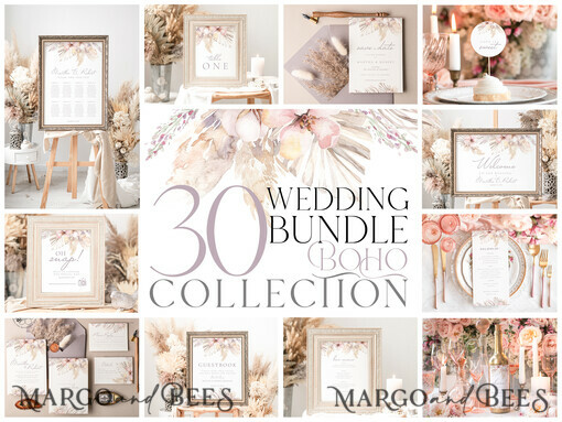TEMPLETT wedding set Boho Pampas Grass Wedding Set Bundle Templates Elegant Invitation Personalised Template Kit Wedding Invitation Set Invitation Download