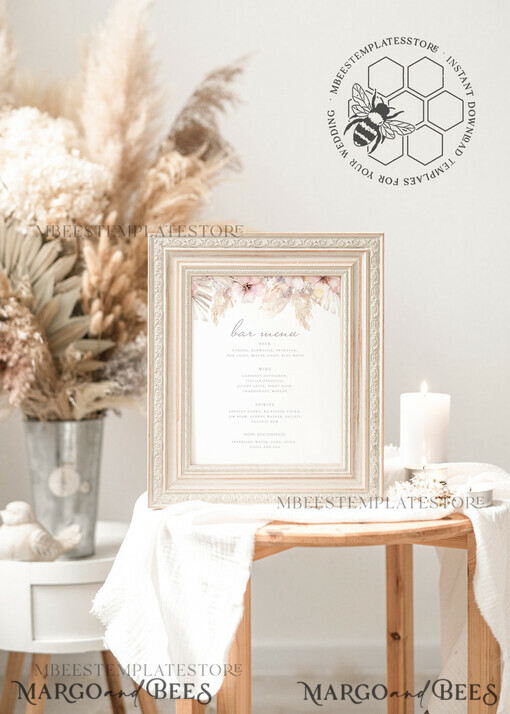 TEMPLETT wedding stationery Boho pampas drink bar menu template, Drinks Signs editable, Instant download Modern Table Signs Garden Wedding Menu Sign  Printable, WPam5