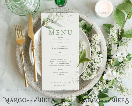 TEMPLETT wedding stationery Modern wedding menu template, dinner menus editable, Instant download Green wedding menus, Garden wedding menu  Printable, WSpr1
