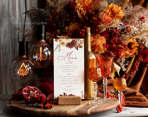 TEMPLETT wedding stationery Fall Terracotta wedding menu template, dinner menus editable, Instant download Modern wedding menus, Garden wedding menu Printable, Fal1