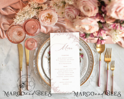 TEMPLETT wedding stationery Boho Blush Pink wedding menu template, dinner menus editable, Instant download wedding menus, Garden wedding menu  Printable