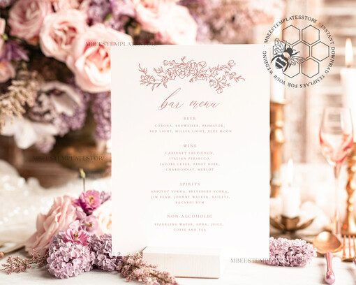 TEMPLETT wedding stationery Elegant drink bar menu template, Drinks Signs editable, Instant download Modern Table Signs Garden Wedding Menu Sign  Printable, WRoses8
