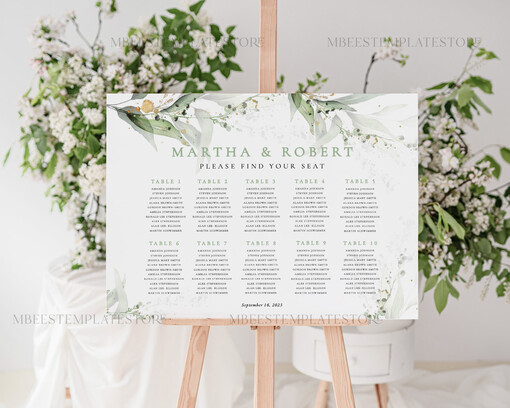 TEMPLETT wedding signs Greenery wedding welcome sign template, Wedding Seating Chart Template, Printable Seating Chart Wedding, Chart Sign Poster, WSpr1