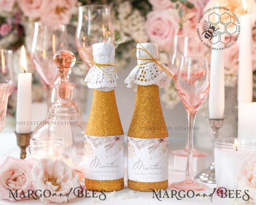 TEMPLETT bridal shower Pampas bridal shower Champagne Bottle Labels template, Instant download Natural bridal shower Favors Tags, Garden favor Tag Diy WPam5