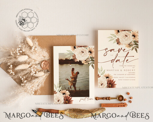 TEMPLETT save the date Boho Ivory save the date card Template, Instant Download Printable Invites Home Printing, Simple save the date card  with photo, WBoho10