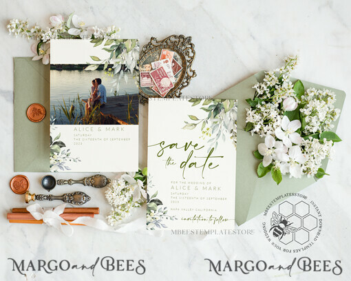 TEMPLETT save the date Floral save the date card template, Instant download Greenery save the date card, Modern Garden save the date cards Set Printable WGreen4