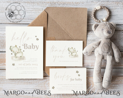 TEMPLETT baby shower Elephant Baby Shower Invitation Template download, Simple Baby Shower Boy Invitations Set,  Printable Invites Set Home Printing Boho Cards