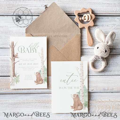 TEMPLETT baby shower Modern Baby Shower Invitation Template, Instant Download Printable Invites Home Printing, Simple Boho baby Boy and Girl shower  Card Set